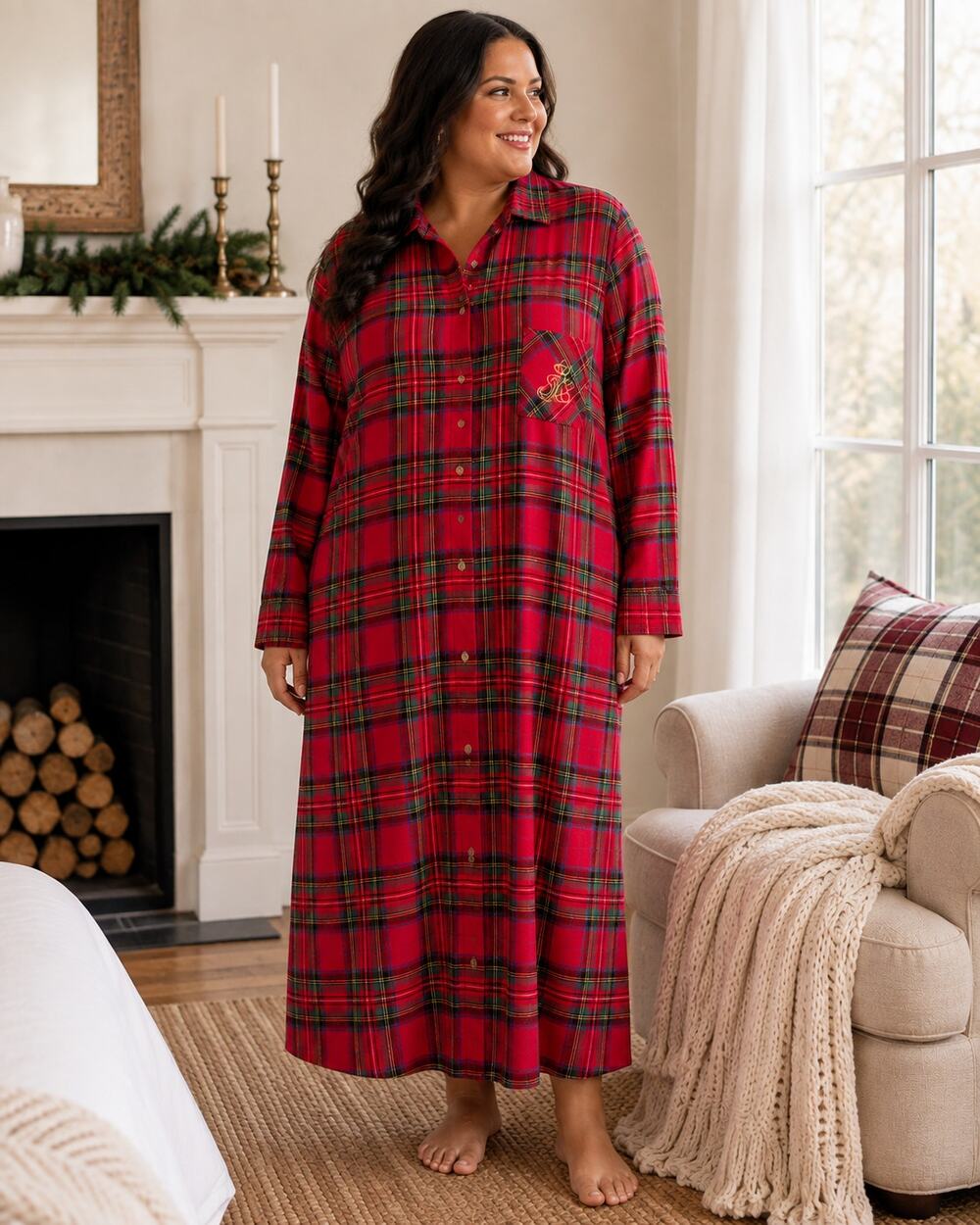 Lauren Ralph Lauren Nightgown 3X Red Plaid Button Front Flannel Holiday Maxi